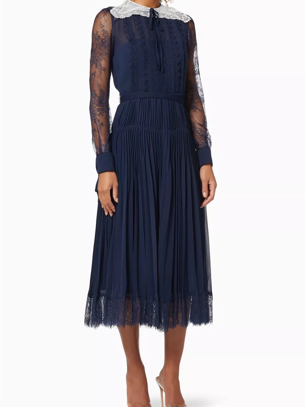 Self-Portrait Women's Navy Blue Lace Trim Midi Dress - Size US 12